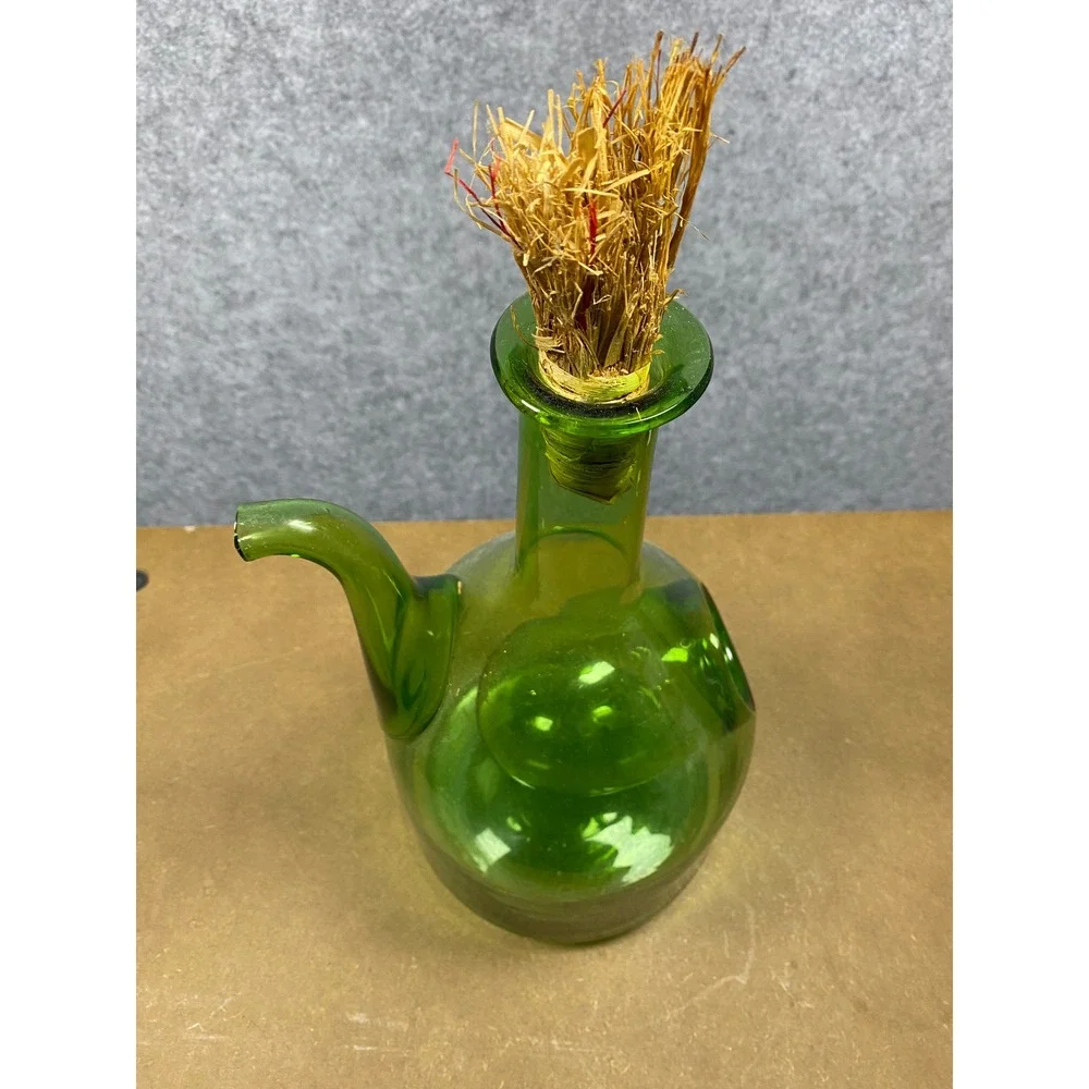 Vintage Green Hand Blown Glass Wine Decanter Porron with Ice Chamber and Stopper
